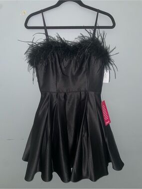 Blondie Nites Black Satin Faux Feather Homecoming/Party Dress